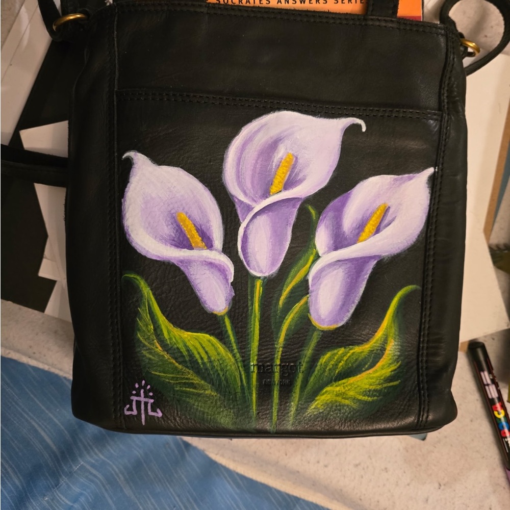 Hand-Painted Black Leather Bag with Floral Design